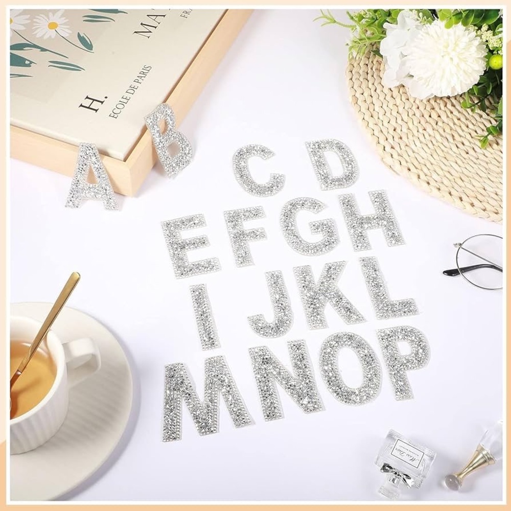 🆕 DIY Craft Iron-On Self Adhesive Sparkling Silver Alphabet Letters 26 Pieces